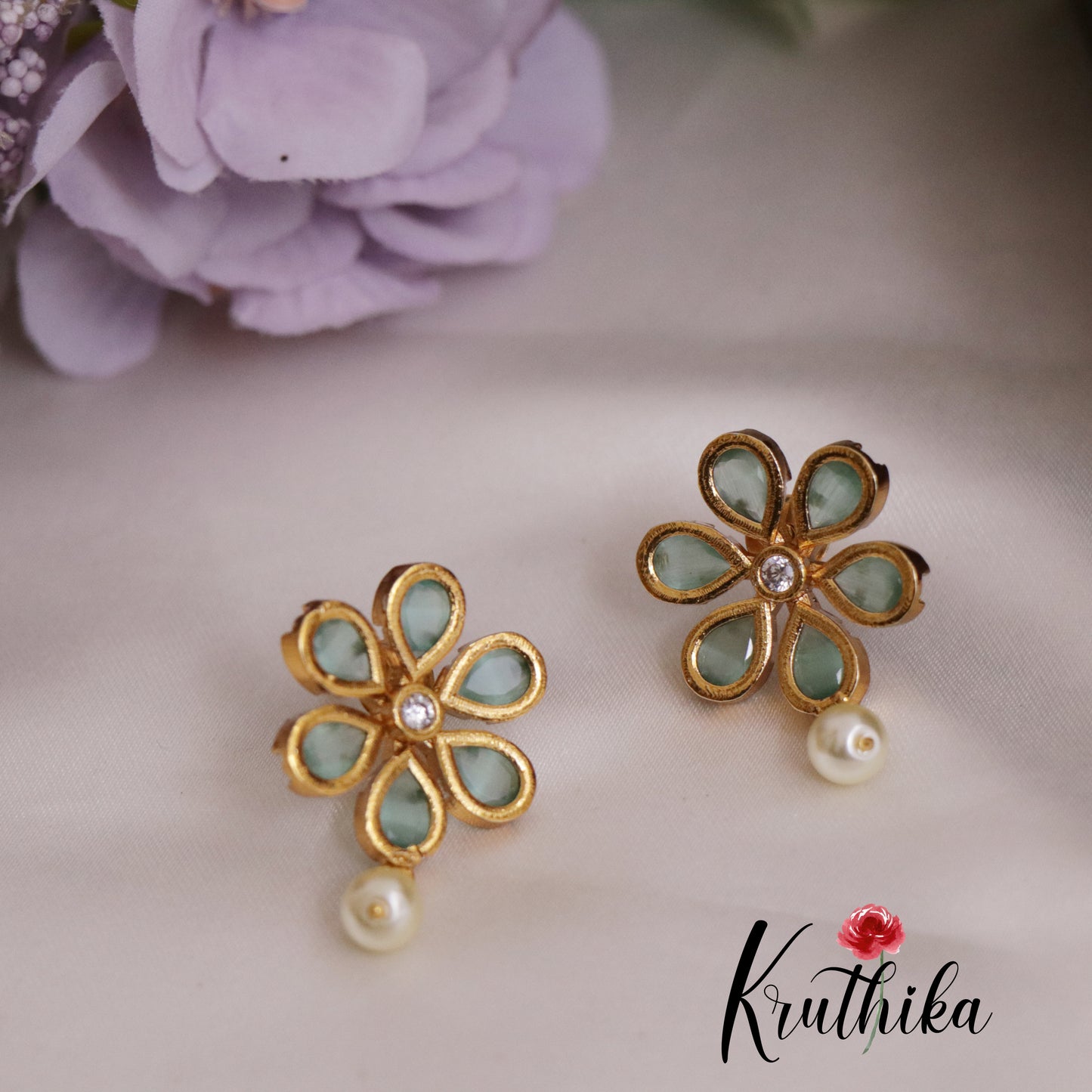 Beautiful Floral Ear Studs Pearl Drop E705 (Available in 5 Colours)