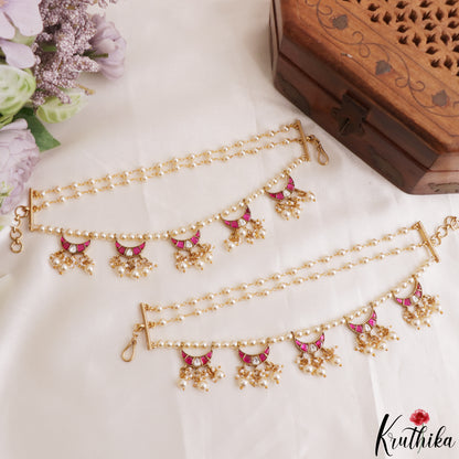 Classic Half Moon Motifs Multi Pearl Strand Jadau Earchains With Pearl Drops EC229 (Available In 2 Colors)