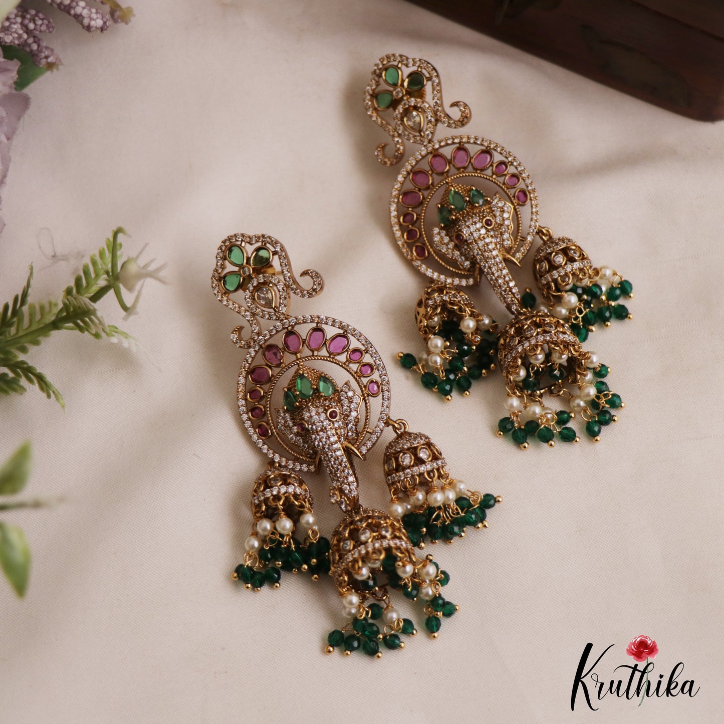 Stunning Lord Ganesha Motifs Chandelier Earrings With Pearl Bead Drops E1091 (Available In 2 Colors)