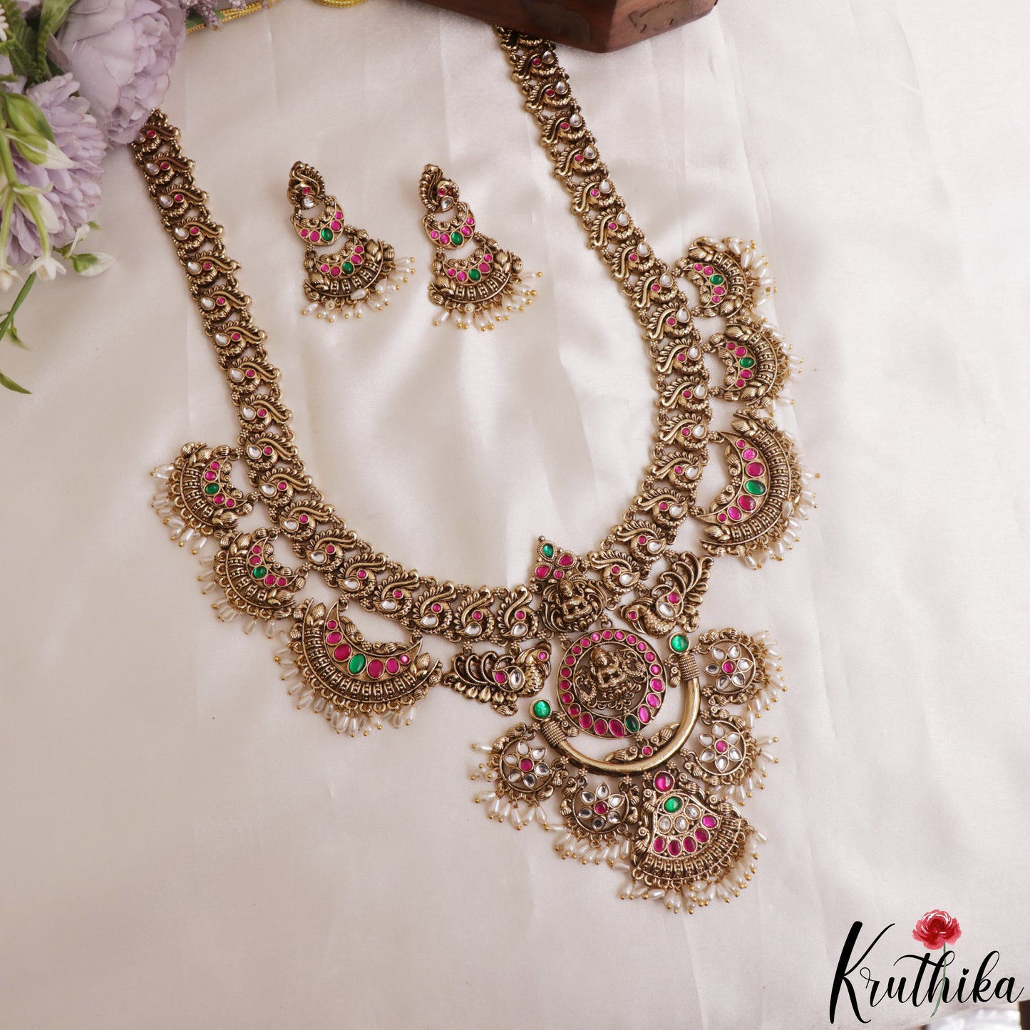 Classic Antique Nagas Lakshmi Peacock Motifs Jadau Haaram With Pearl Drops LH2169