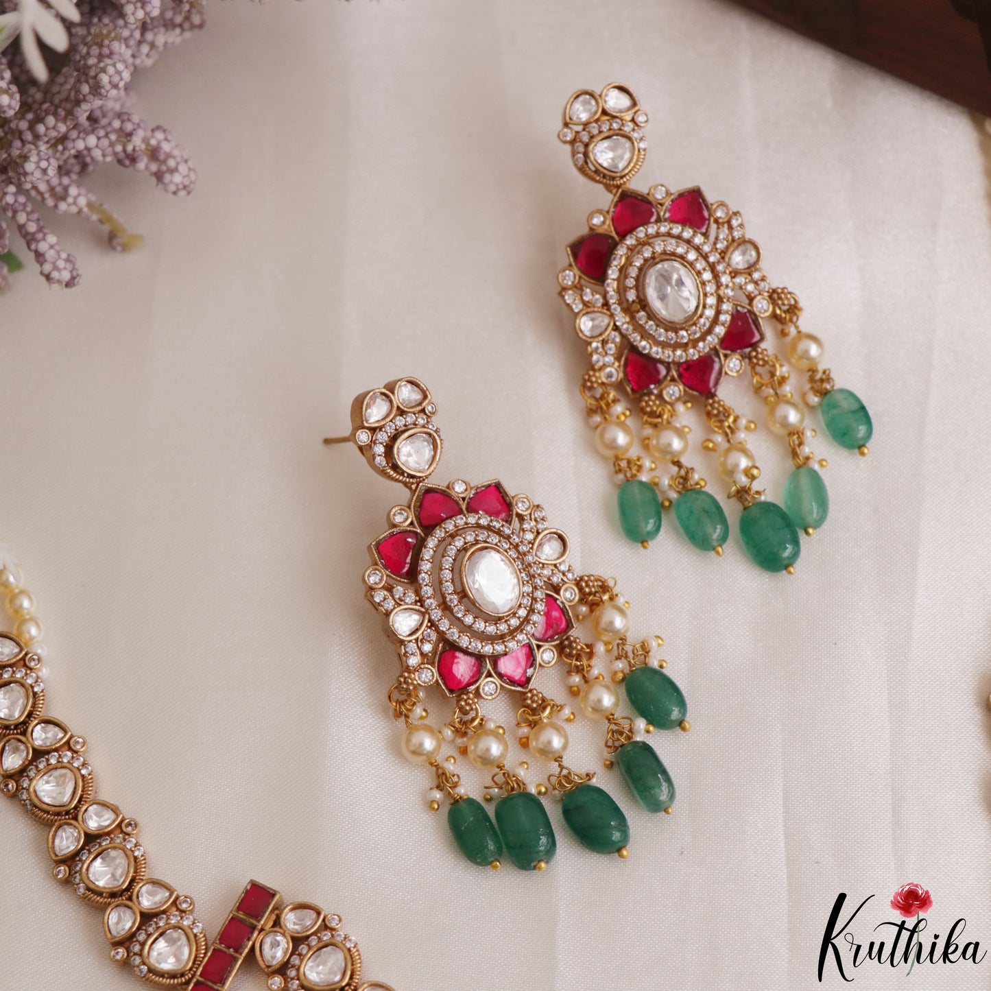 Gorgeous Floral Motifs Double Layered Moissanite Jadau Haaram With Green Bead Drops LH2149