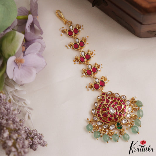 Gorgeous Jadau Maang Tika With Pastel Bead Drops MT418