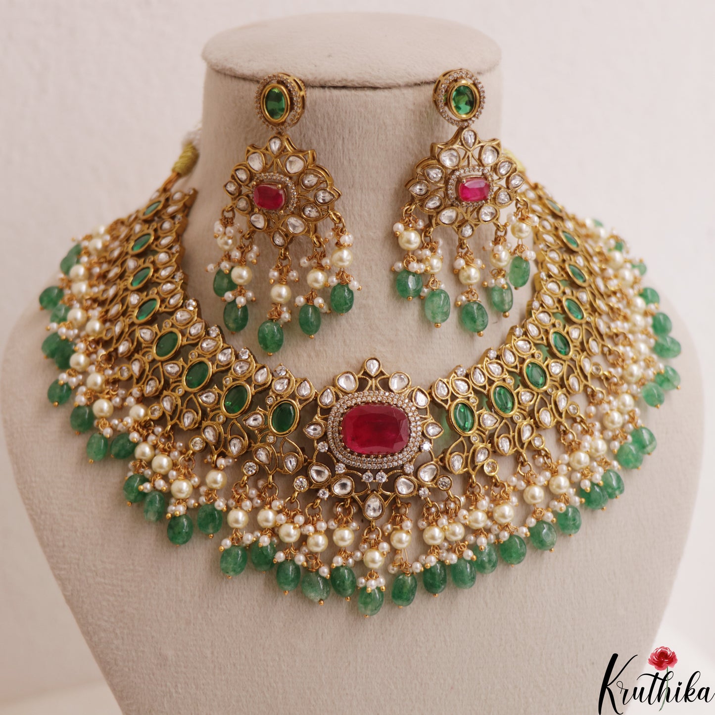 Premium Geometric Teardrop Motifs Jadau Choker With Green Bead Drops NC3011 (Available In 3 Colors)