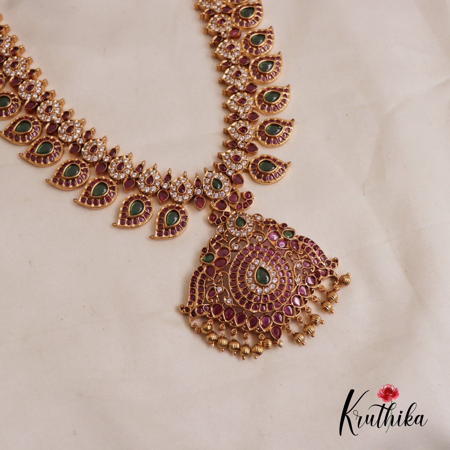 Premium Mango Peacock Kemp Haaram With Golden Drops LH2020