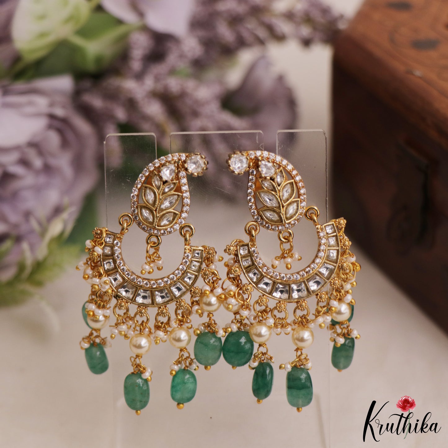 Gorgeous Leaf Motifs Chandbali Jadau Earrings With Green Bead Drops E1079 (Available In 2 Colors)