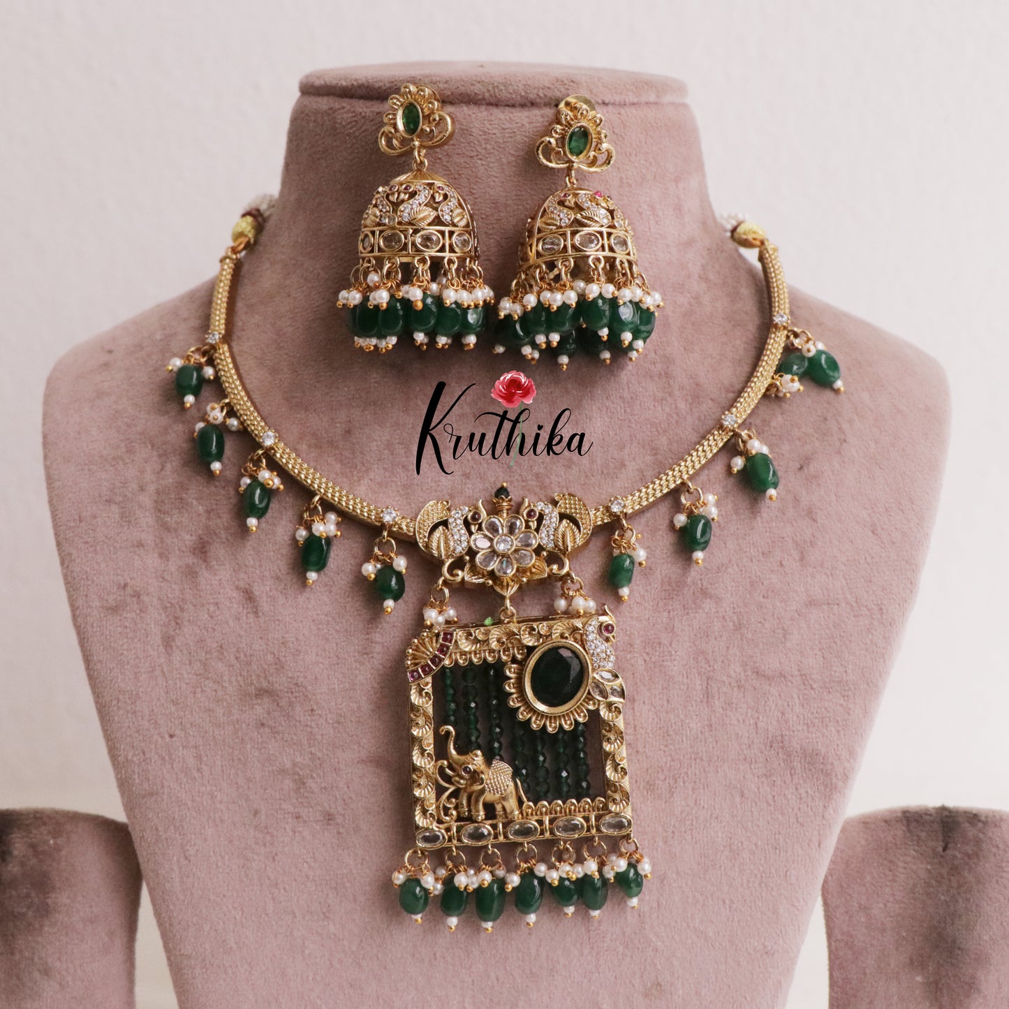 Antique Uncuts Green Beads Elephant Hasli/Kanti Necklace NC1988