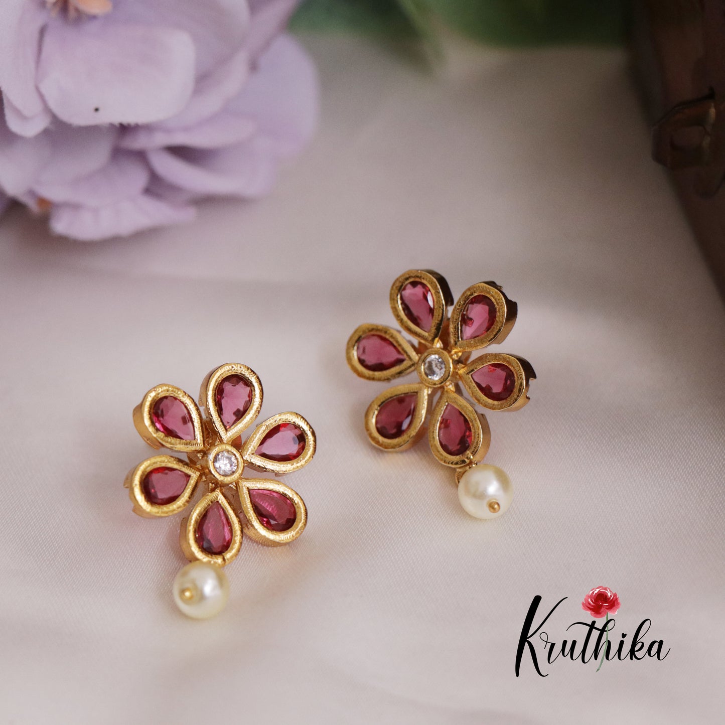 Beautiful Floral Ear Studs Pearl Drop E705 (Available in 5 Colours)