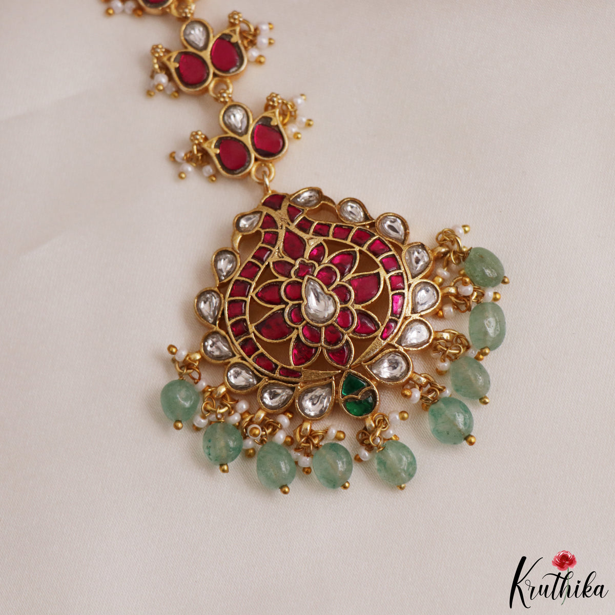 Gorgeous Jadau Maang Tika With Pastel Bead Drops MT418