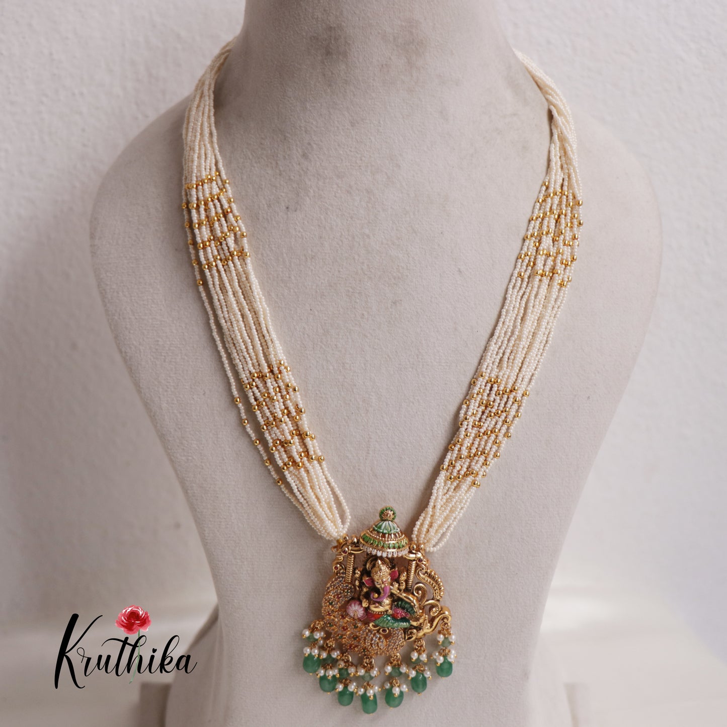Traditional Multi Layered Perals Haaram With Beautiful Enamel Ganesha Pedant LH2007 (Available In 2 Colours)