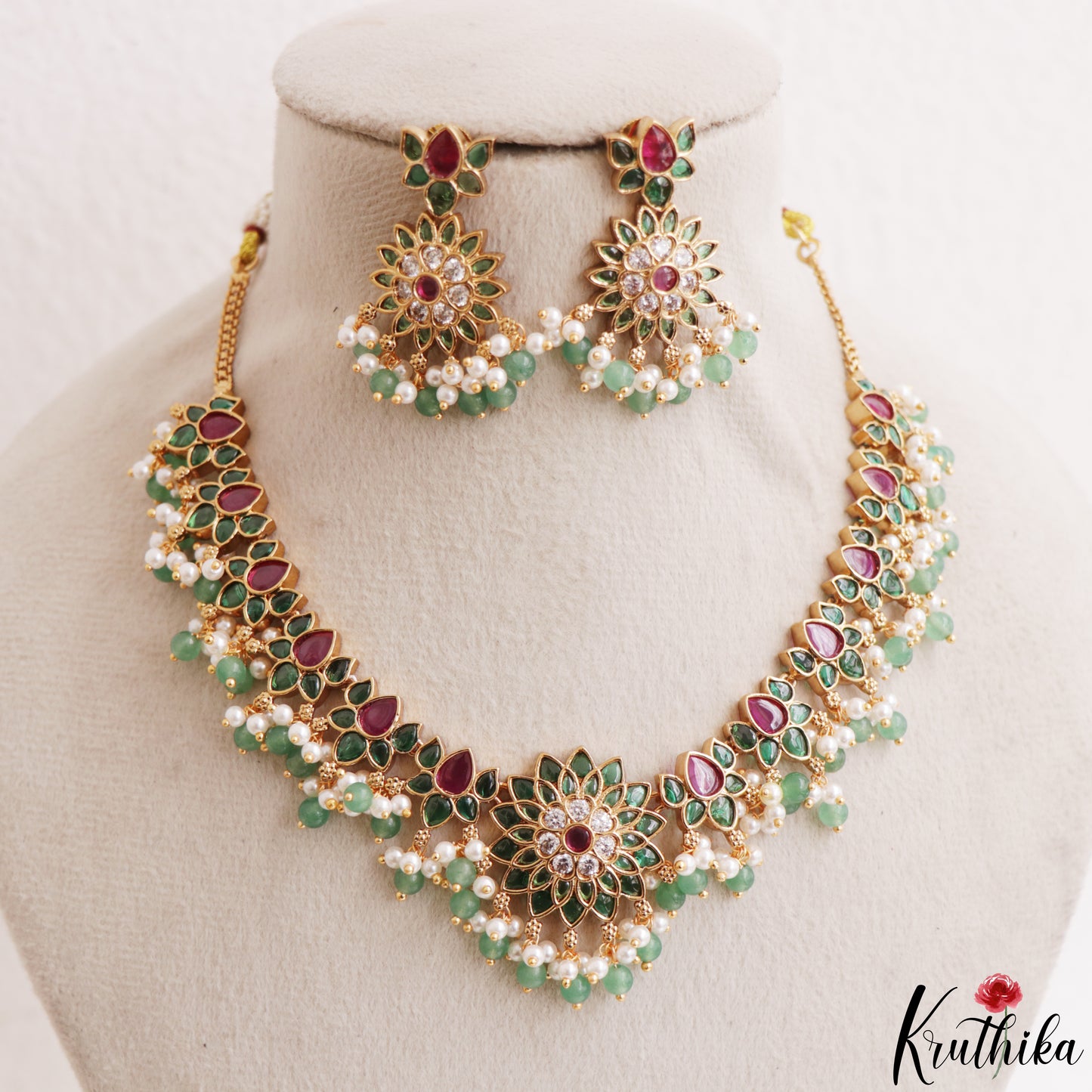 Gorgeous Floral Motifs Jadau Necklace With Green Bead Drops NC3218 (Available In 3 Colors)