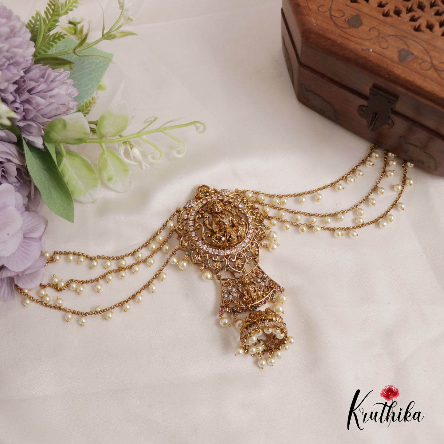 Gorgeous Lakshmi Jhumka With Three Layered Pearl Bead Side Chains Jada Billa J260