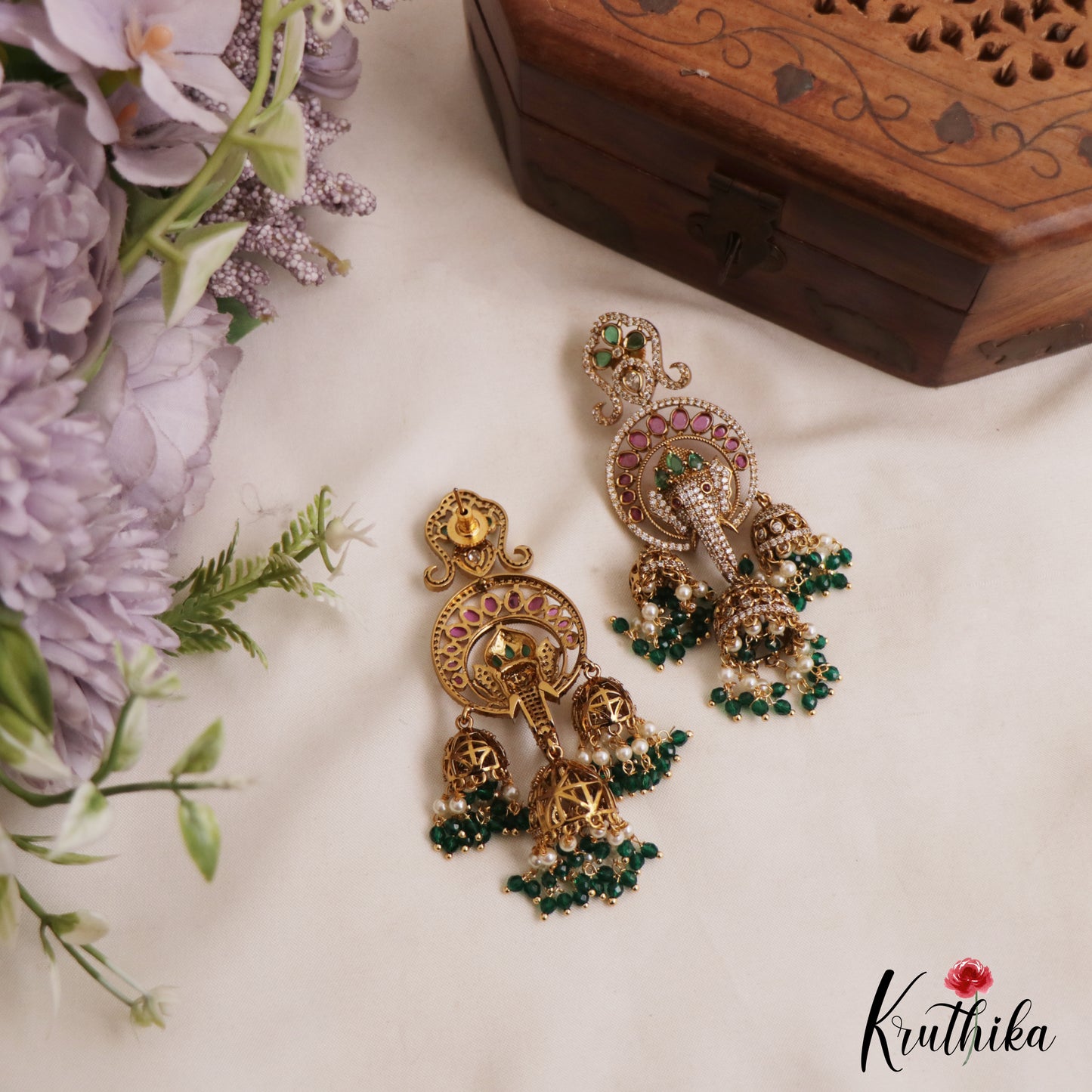 Stunning Lord Ganesha Motifs Chandelier Earrings With Pearl Bead Drops E1091 (Available In 2 Colors)