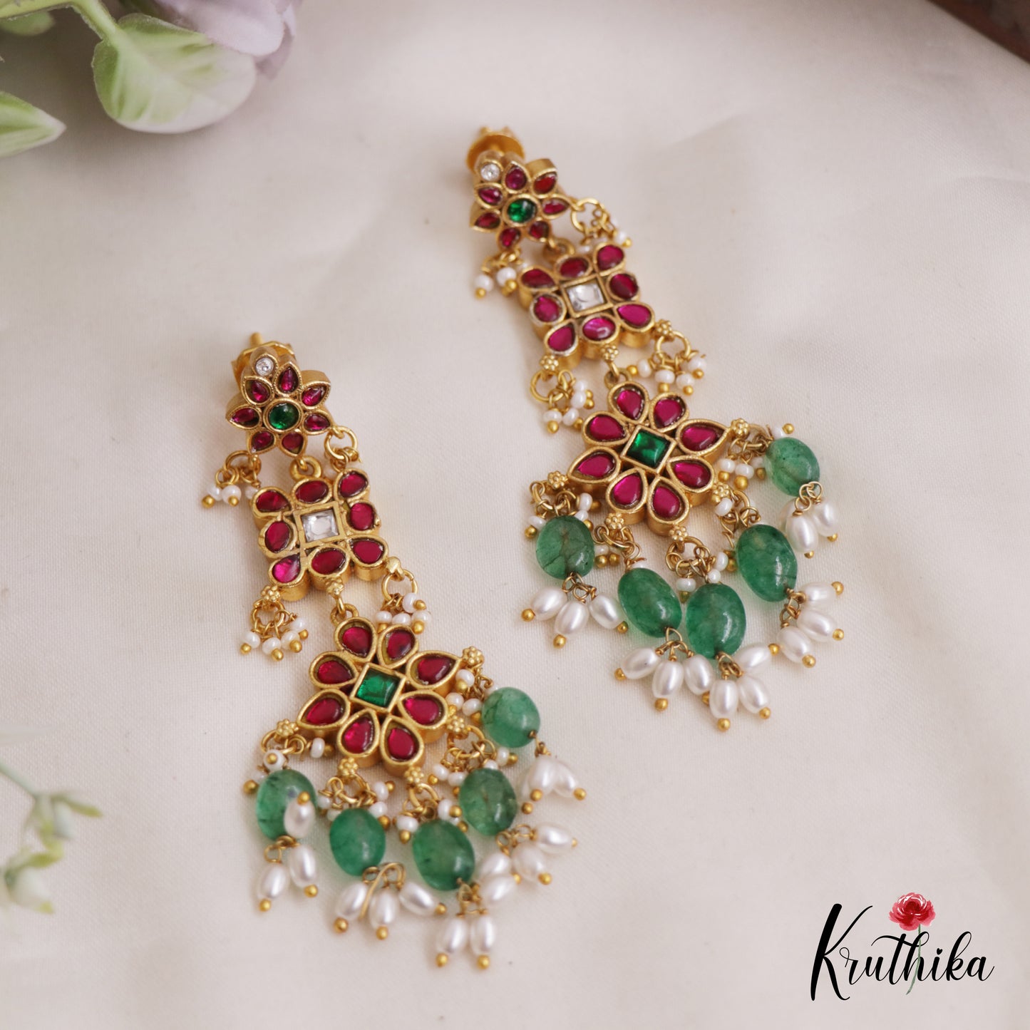 Sparkling Floral Jadau Earrings With Pearl And Bead Drops E846