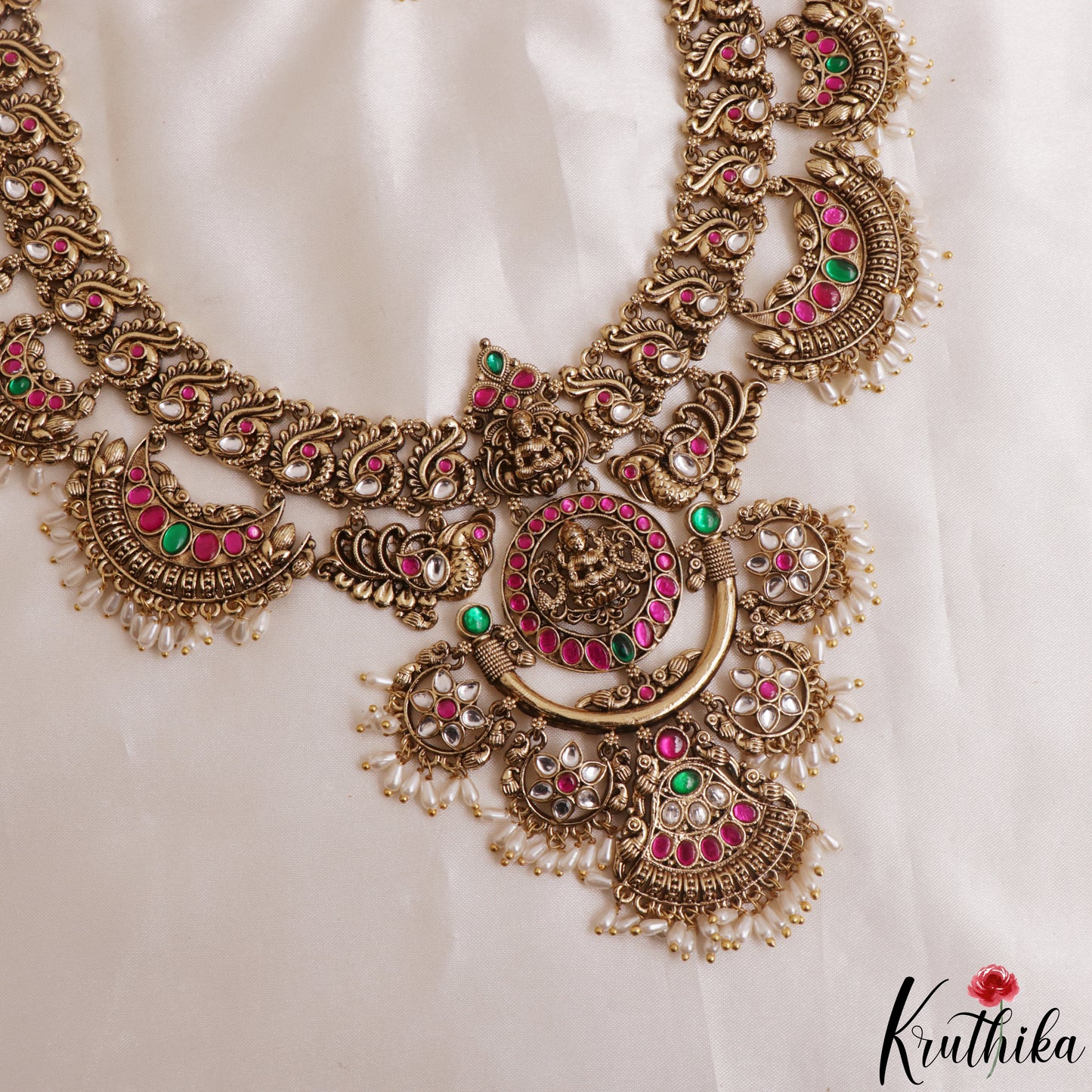 Classic Antique Nagas Lakshmi Peacock Motifs Jadau Haaram With Pearl Drops LH2169