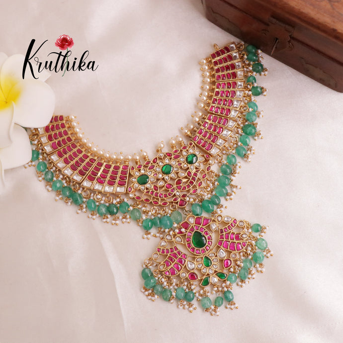 Gold replica Grand Jadau bridal Necklace with pastel green beads NC1892