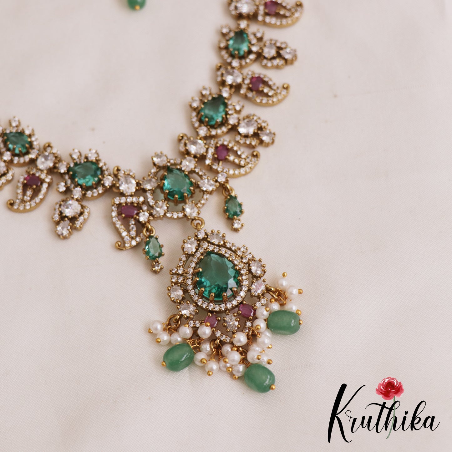 Sparkling Mango Motifs AD Victorian Necklace With Green Bead Drops NC2856 (Available In 2 Colors)