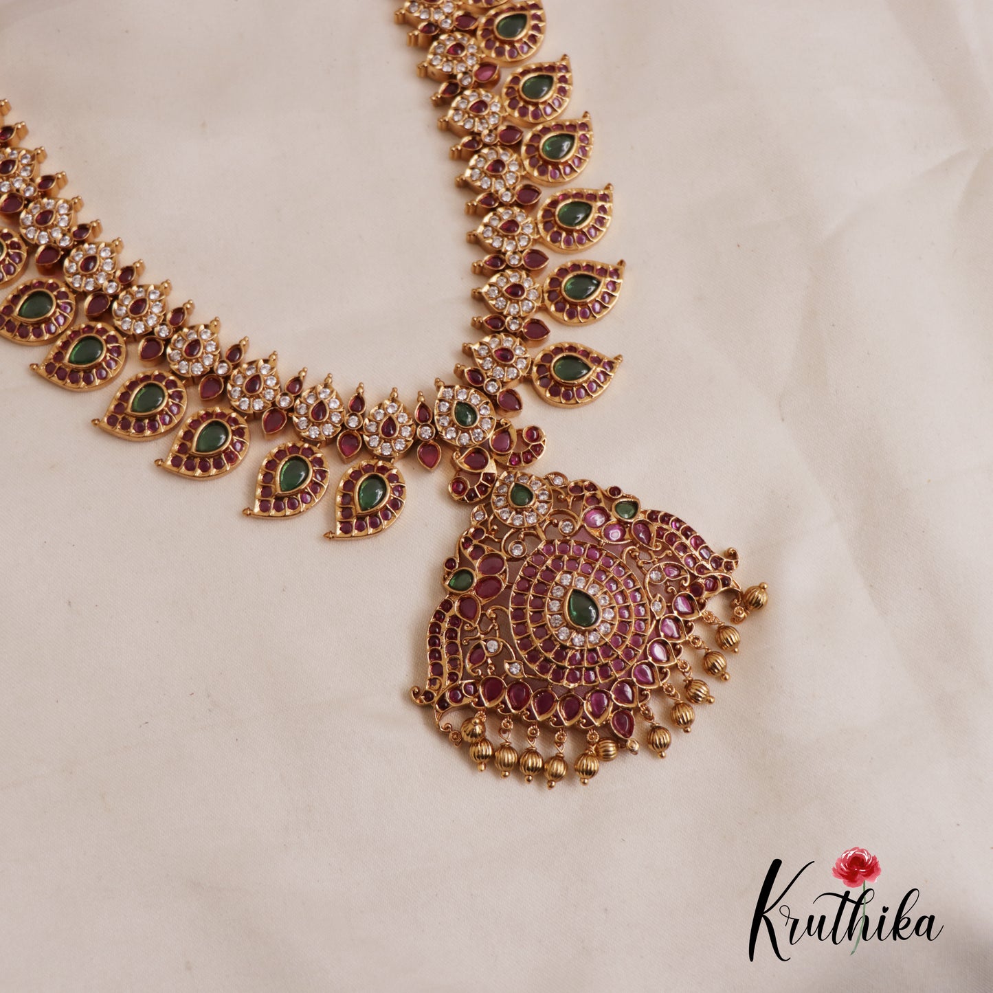 Premium Mango Peacock Kemp Haaram With Golden Drops LH2020