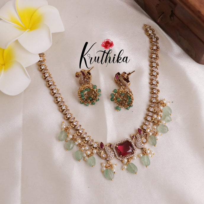 Pretty AD/Victoria Peacock Necklace with Pastel Green Beads NC1839