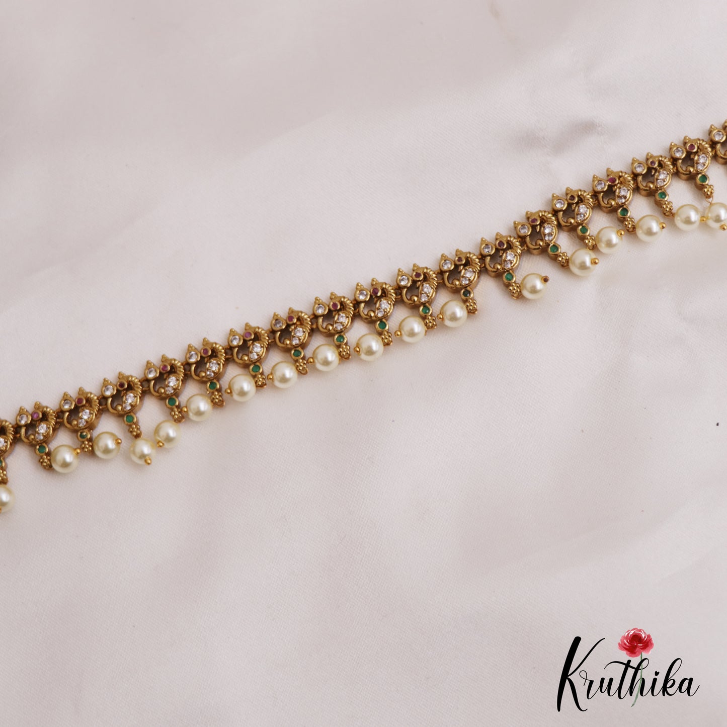 Elegant Peacock Motifs Hip Chain With Pearl Drops V342
