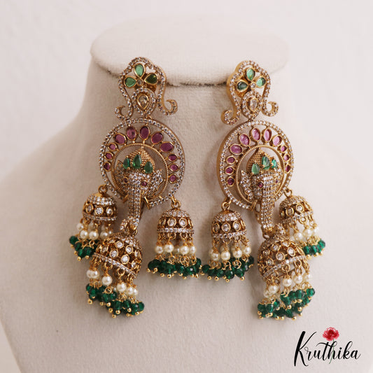 Stunning Lord Ganesha Motifs Chandelier Earrings With Pearl Bead Drops E1091 (Available In 2 Colors)