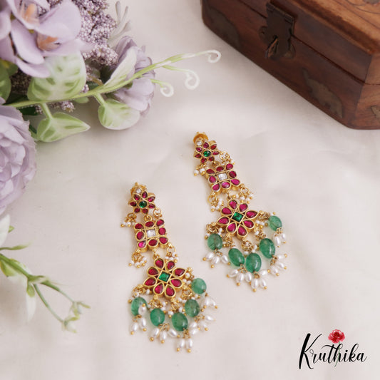 Sparkling Floral Jadau Earrings With Pearl And Bead Drops E846