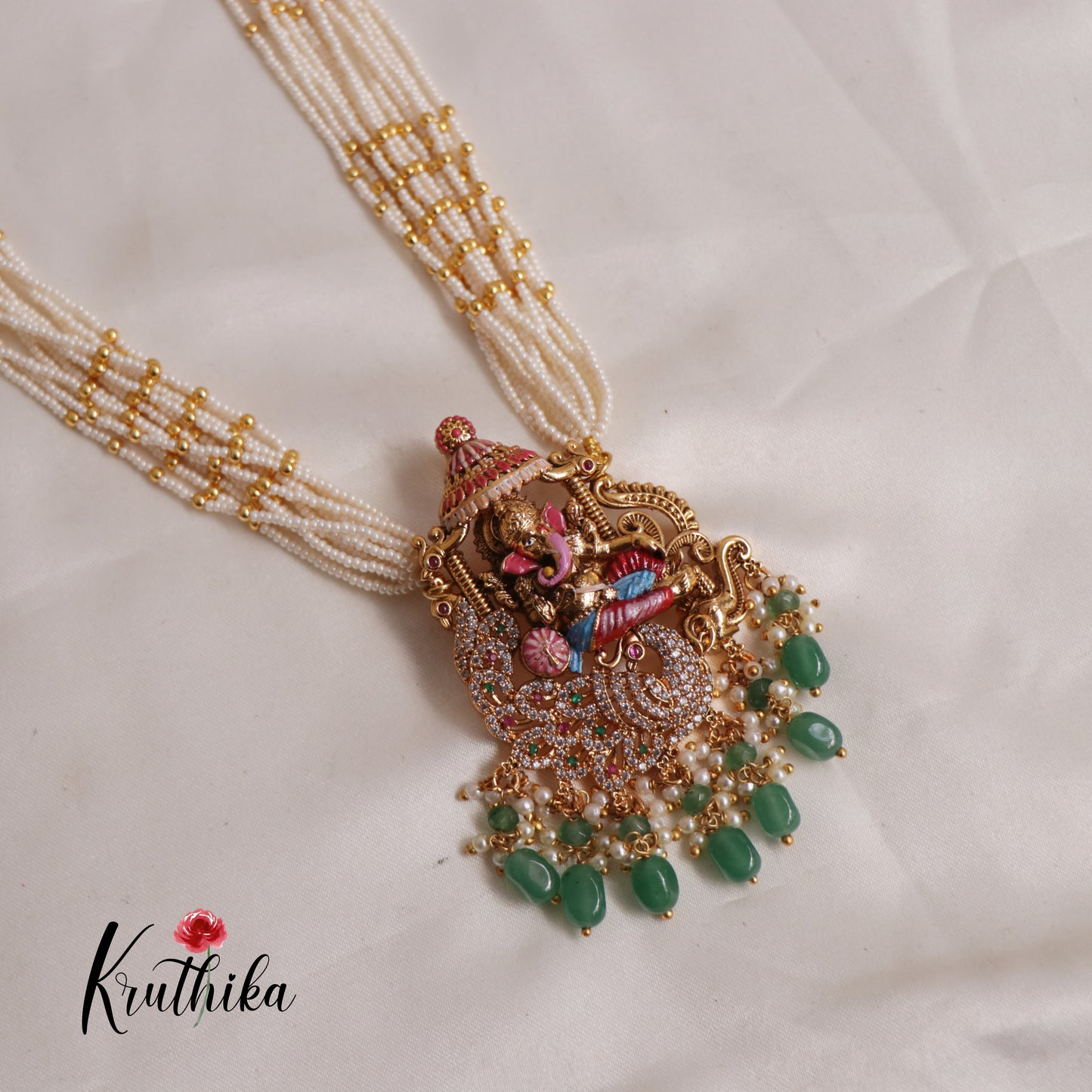 Traditional Multi Layered Perals Haaram With Beautiful Enamel Ganesha Pedant LH2007 (Available In 2 Colours)