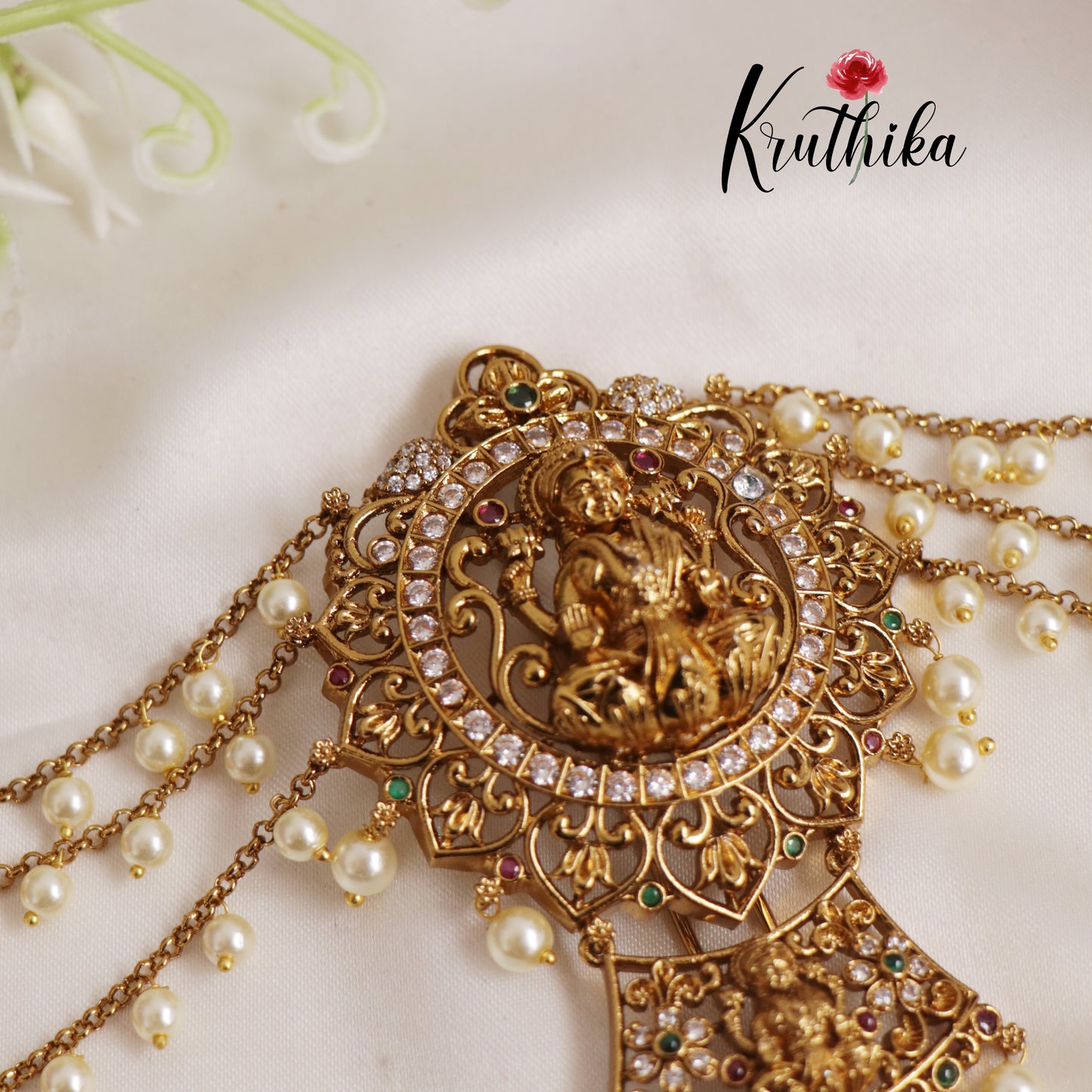 Gorgeous Lakshmi Jhumka With Three Layered Pearl Bead Side Chains Jada Billa J260