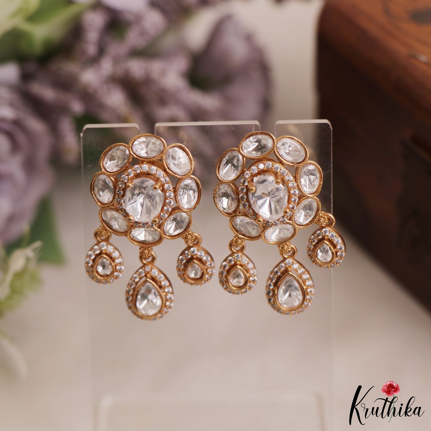 Trendy Floral Motifs Polki Victorian Stud Earrings With Teardrop Drops E1085 (Available In 4 Colors)