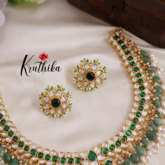 Stunning Floral Motifs Jadau Choker With Pearl And Bead Drops NC2604