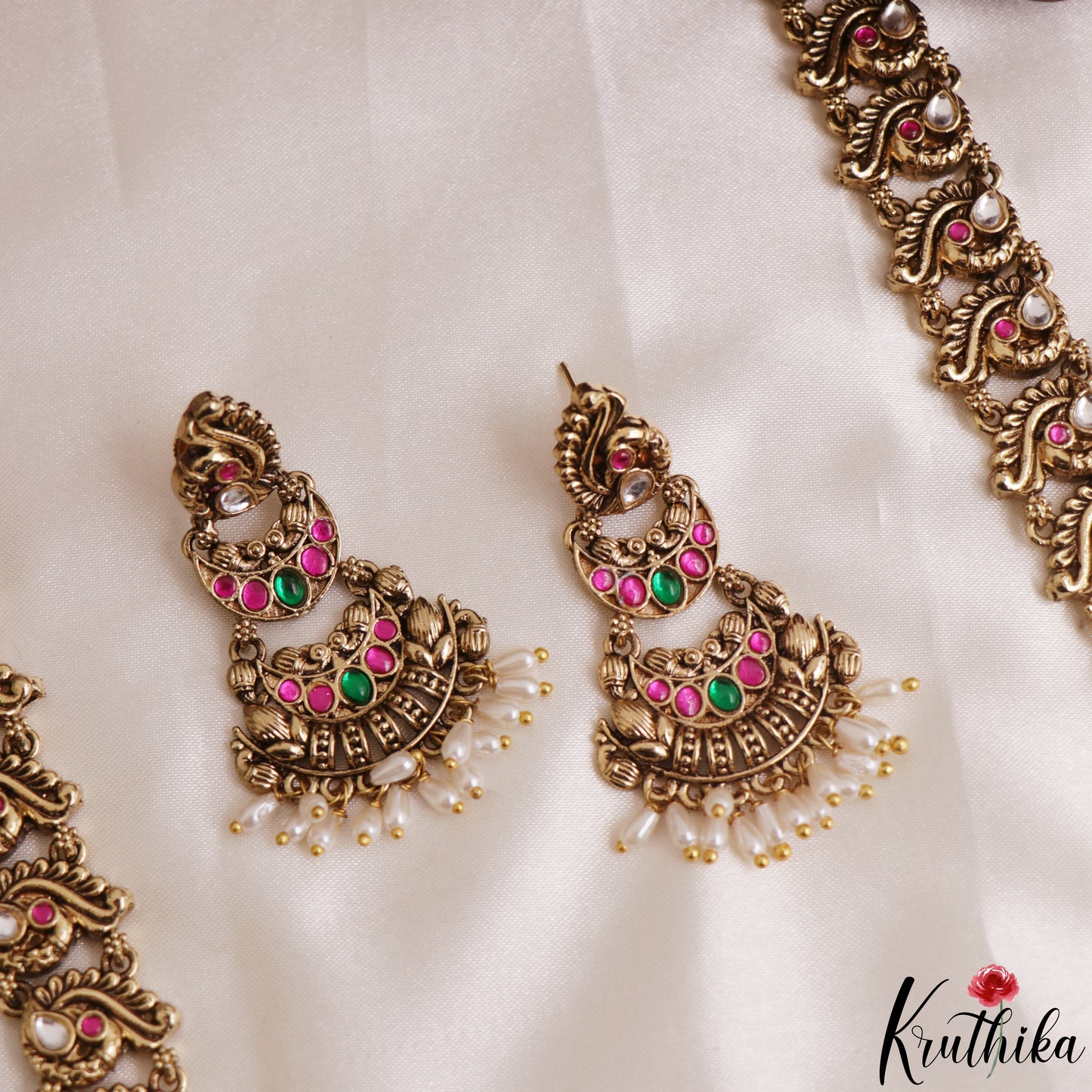 Classic Antique Nagas Lakshmi Peacock Motifs Jadau Haaram With Pearl Drops LH2169