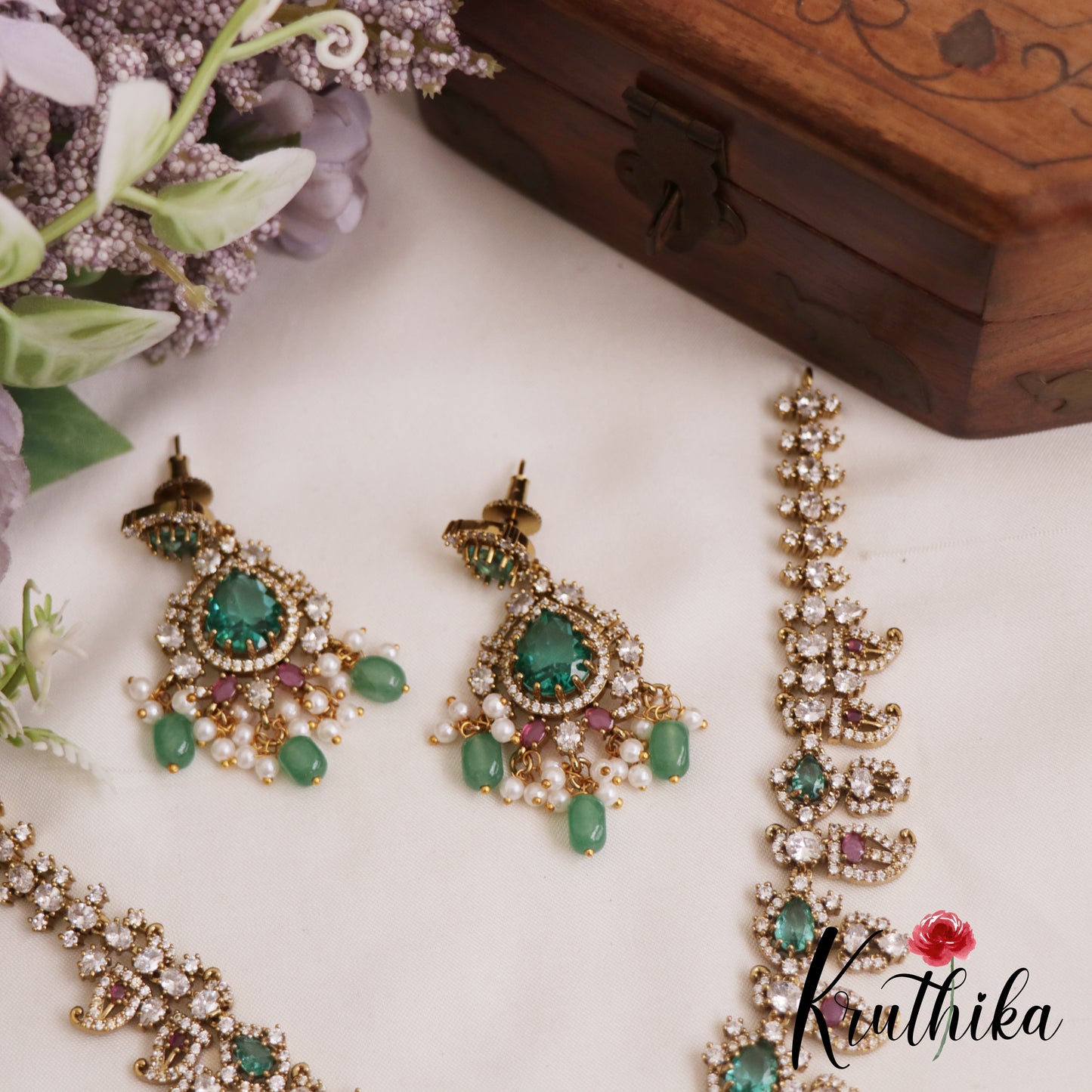 Sparkling Mango Motifs AD Victorian Necklace With Green Bead Drops NC2856 (Available In 2 Colors)