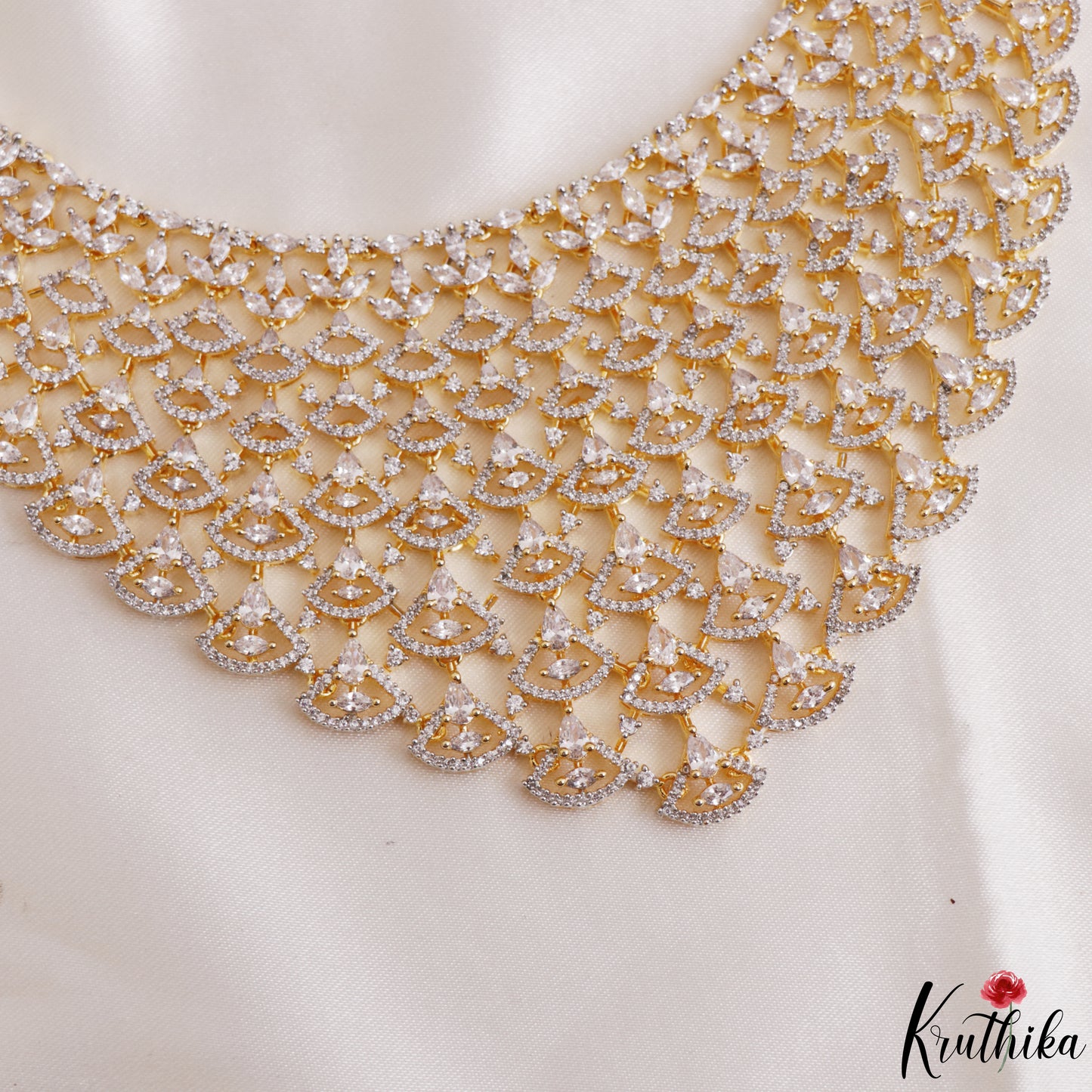 Stunning Leaf Motifs Diamond-Finish Gold-Tone CZ Necklace NC3263