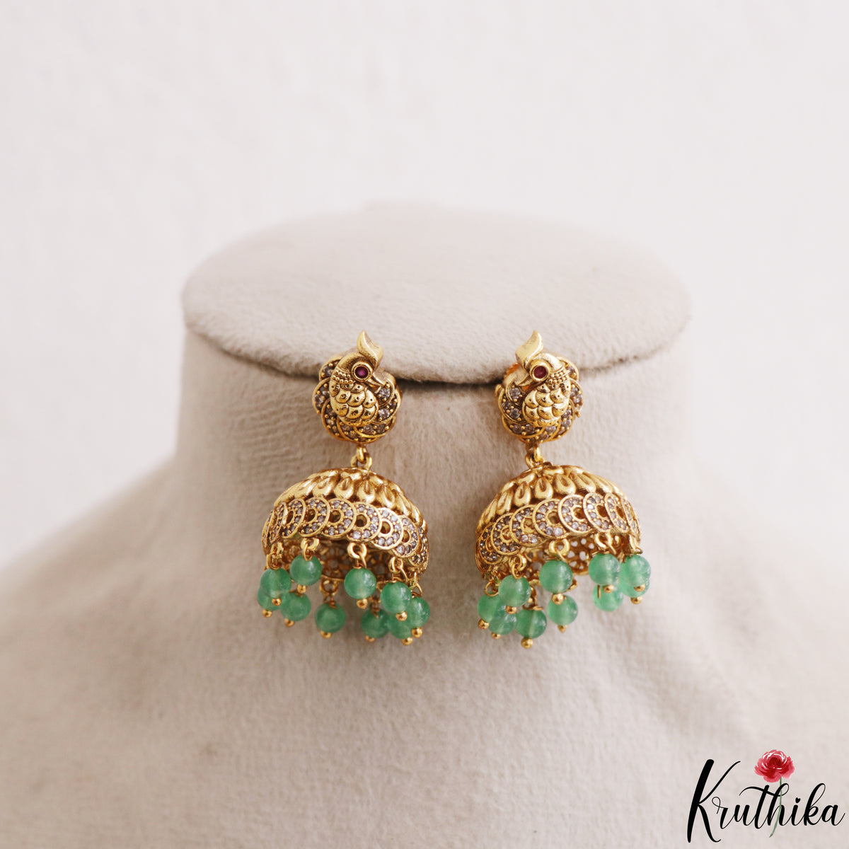 Pretty Peacock Nakshi Earrings With Green Bead Drops E1240