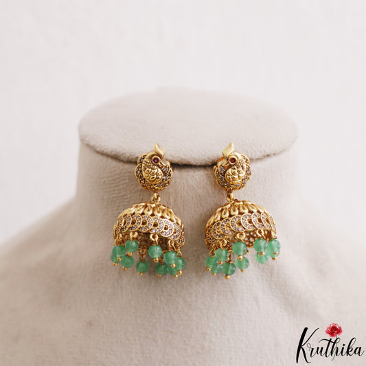 Pretty Peacock Nakshi Earrings With Green Bead Drops E1240