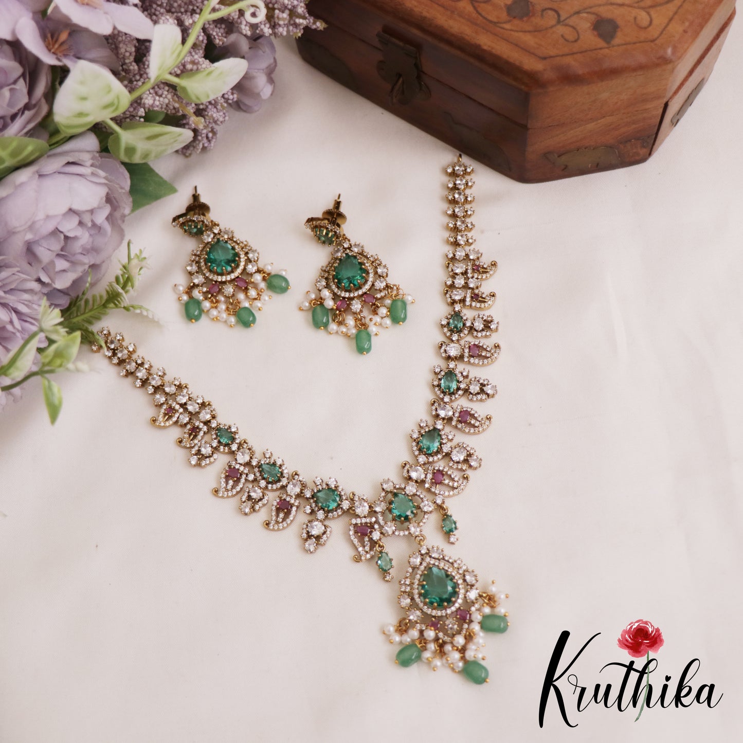 Sparkling Mango Motifs AD Victorian Necklace With Green Bead Drops NC2856 (Available In 2 Colors)