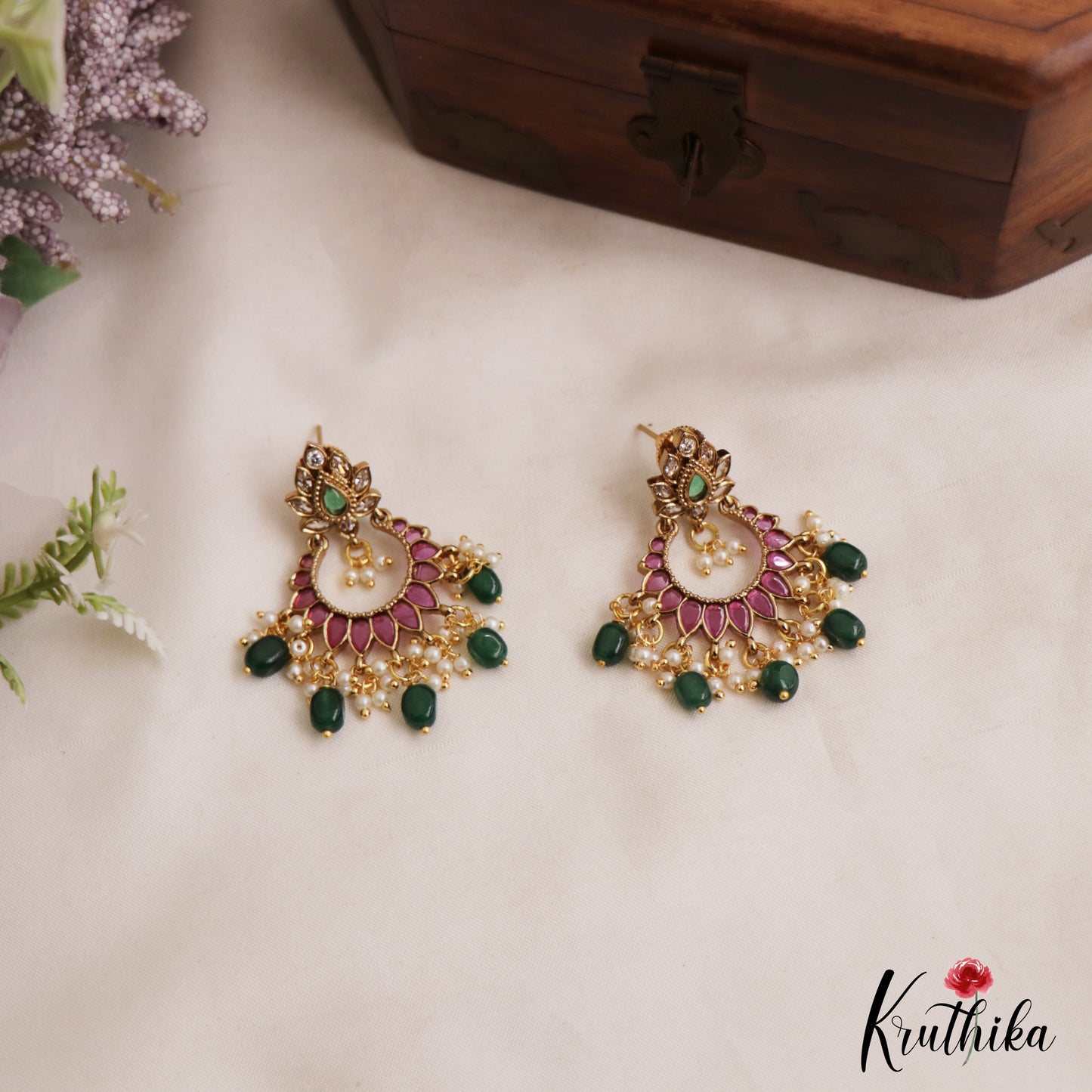 Pretty Floral Motifs Chandbali Earrings With Bead Drops E1092 (Available In 2 Colors)