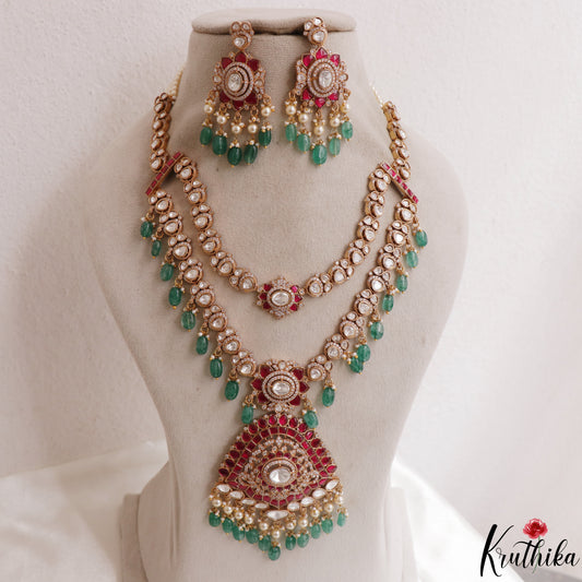 Gorgeous Floral Motifs Double Layered Moissanite Jadau Haaram With Green Bead Drops LH2149