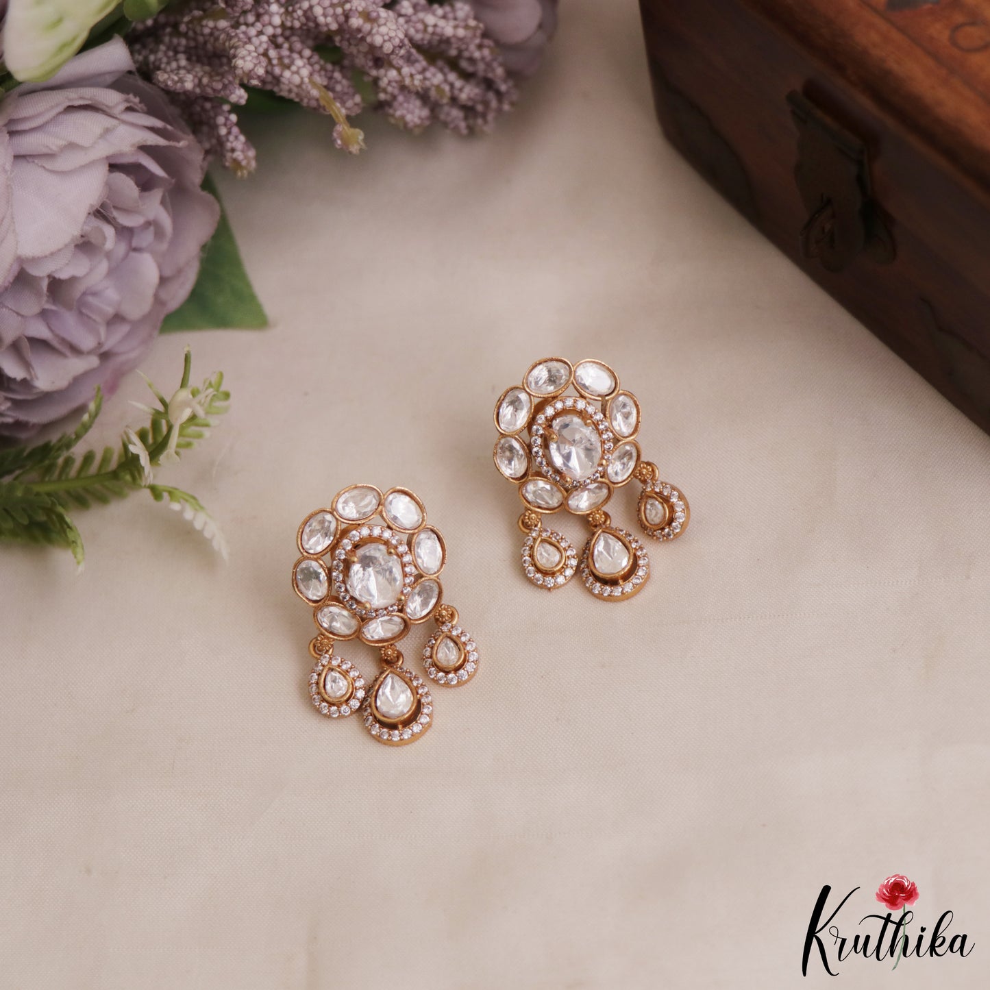 Trendy Floral Motifs Polki Victorian Stud Earrings With Teardrop Drops E1085 (Available In 4 Colors)