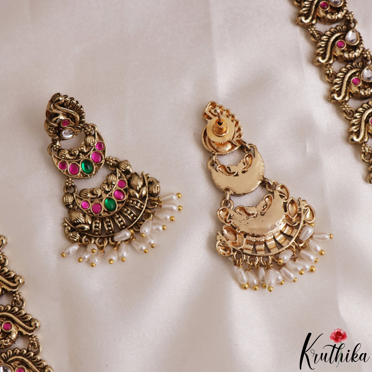 Classic Antique Nagas Lakshmi Peacock Motifs Jadau Haaram With Pearl Drops LH2169