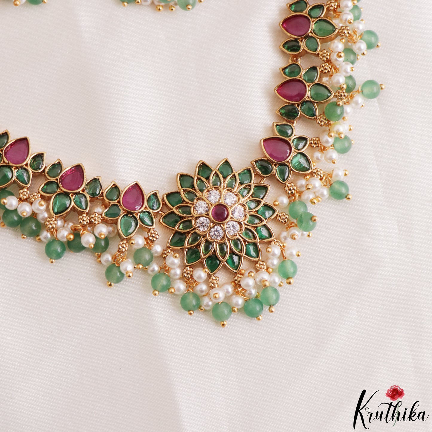 Gorgeous Floral Motifs Jadau Necklace With Green Bead Drops NC3218 (Available In 3 Colors)