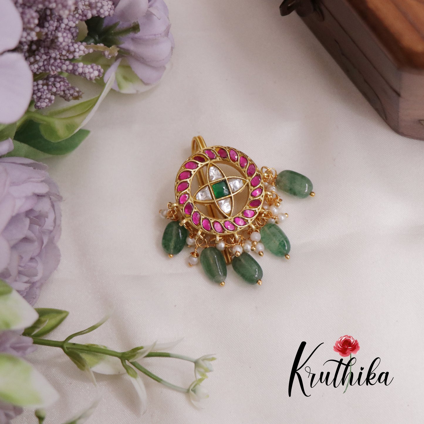 Trendy Jadau Jada Billa with Green Beads Drops J238