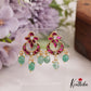 Trendy Floral Motifs Jadau Earrings With Green Bead Drops E919