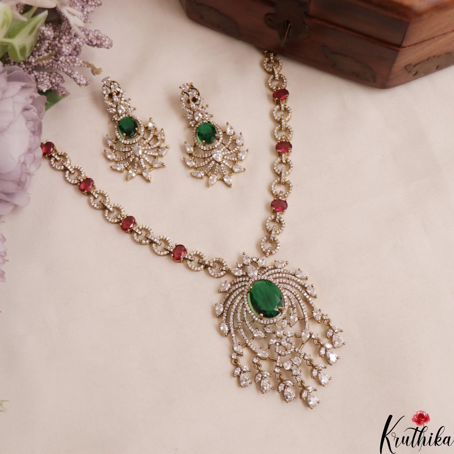 Sparkling Leaf Motifs CZ Victorian Necklace NC3012 (Available In 3 Colors)