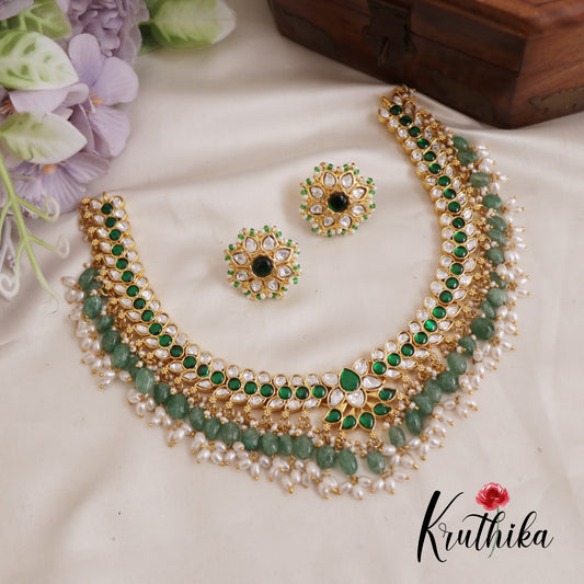 Stunning Floral Motifs Jadau Choker With Pearl And Bead Drops NC2604