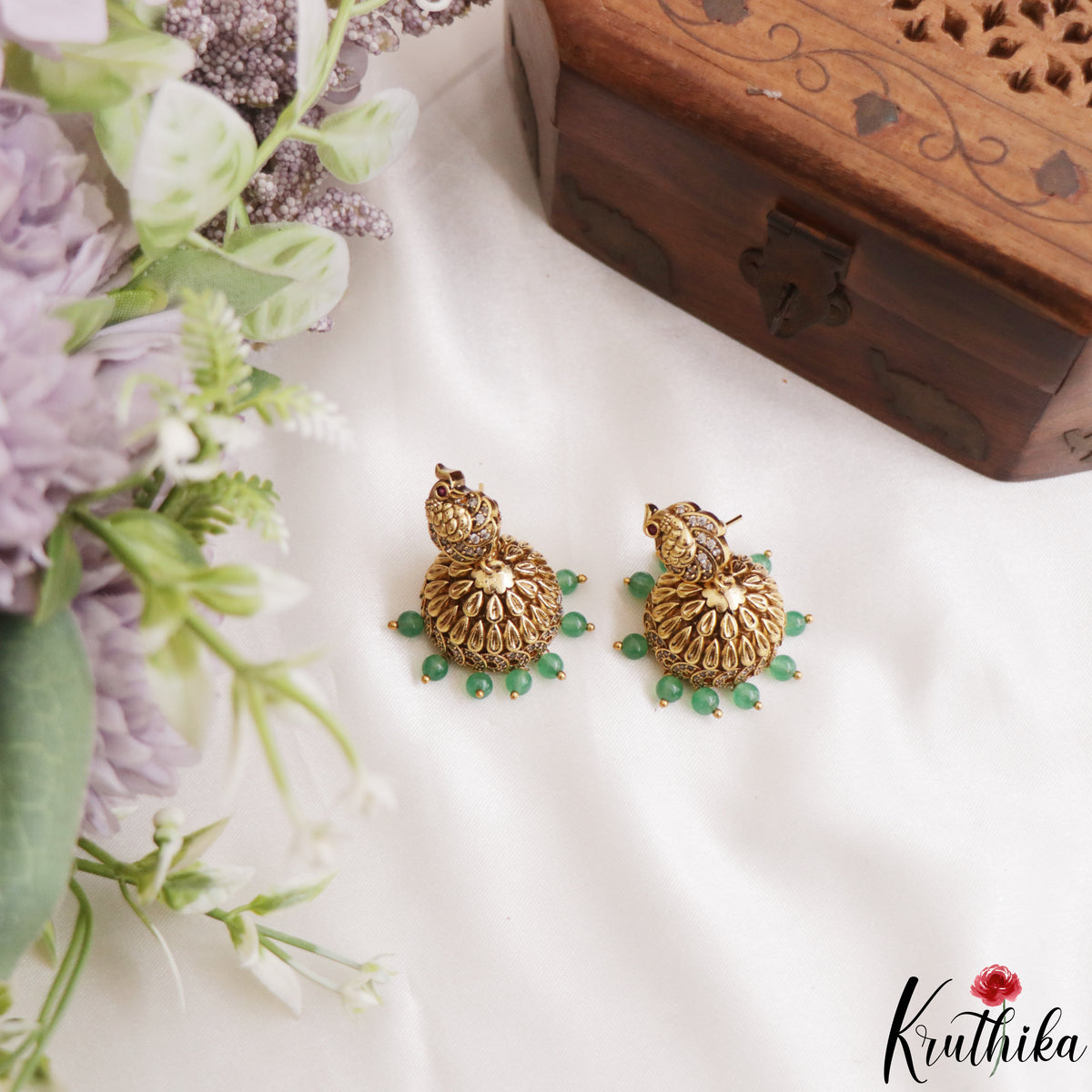 Pretty Peacock Nakshi Earrings With Green Bead Drops E1240