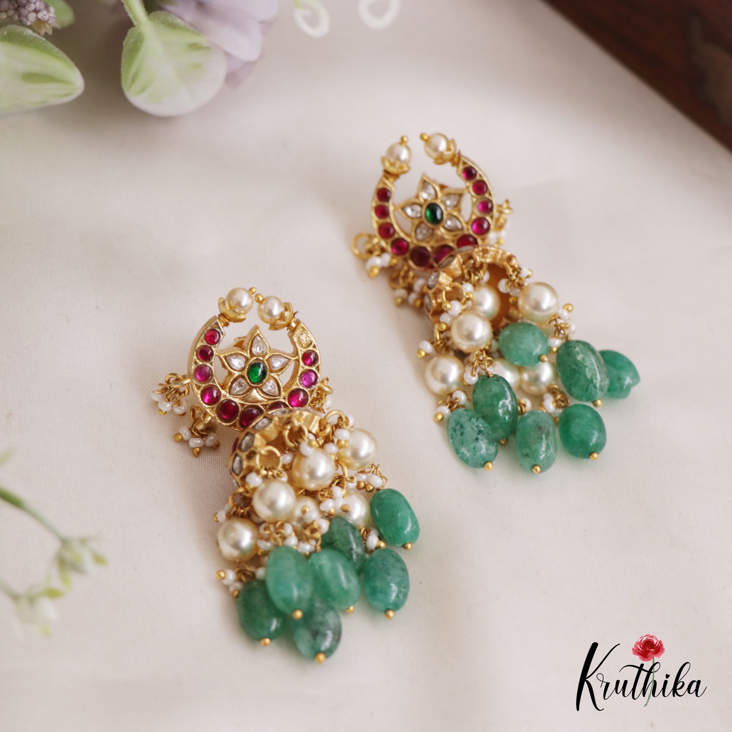 Stunning Floral Jhumka Jadau Earrings With Pearl And Bead Drops E844