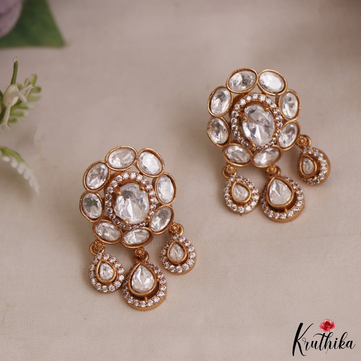 Trendy Floral Motifs Polki Victorian Stud Earrings With Teardrop Drops E1085 (Available In 4 Colors)