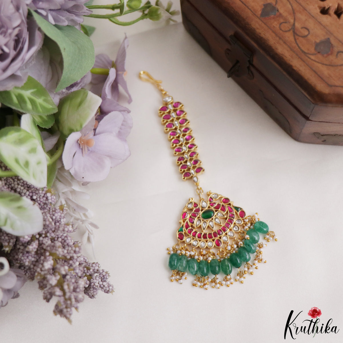 Beautiful Jadau Maang Tika With Green Bead Drops MT420