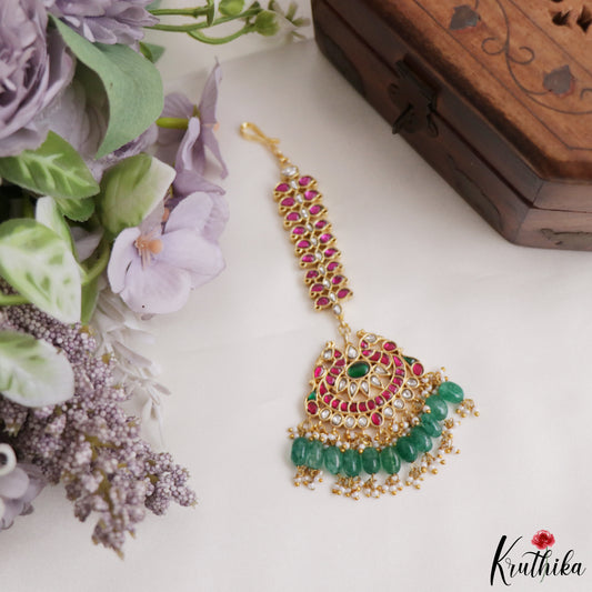 Beautiful Jadau Maang Tika With Green Bead Drops MT420