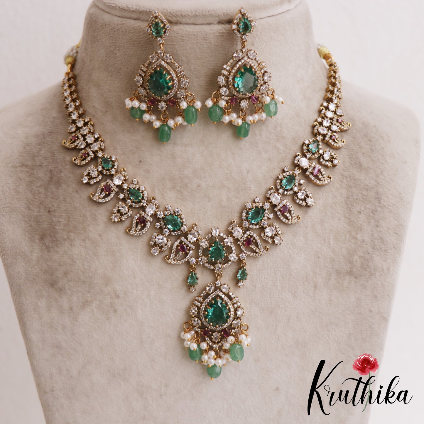 Sparkling Mango Motifs AD Victorian Necklace With Green Bead Drops NC2856 (Available In 2 Colors)